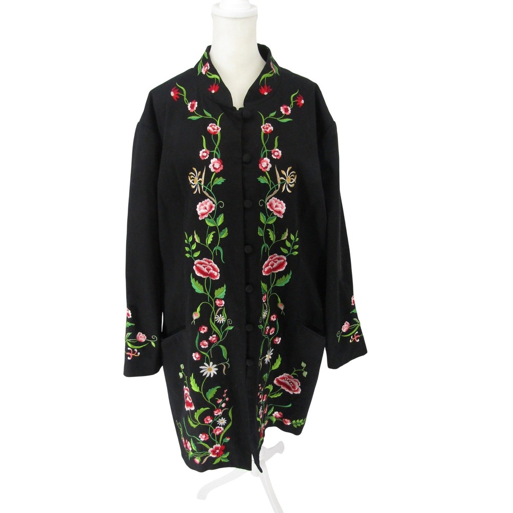 Victor Costa Occasion Jacket Womens XL Black Good Embroidered Floral Longline